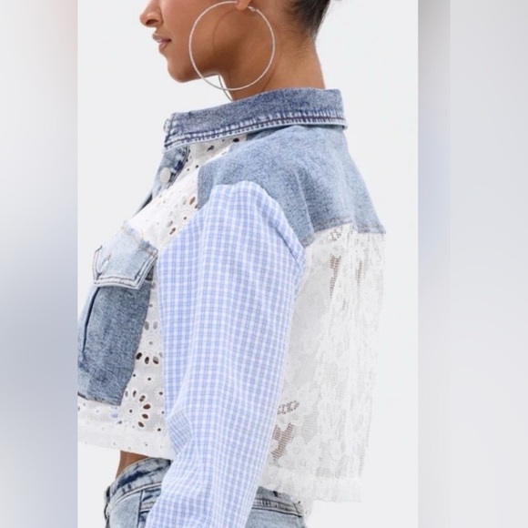 NWT AKIRA Denim and lace poplin mini Skirt and shirt jacket set size M/L - Picture 6 of 6